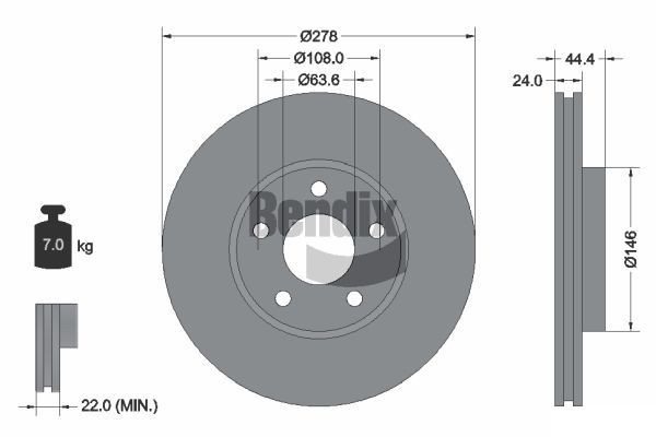 BENDIX Braking BDS1264: Piduriketas Ø: 278mm, sisemine õhutus, Ø: 278mm, kaetud, ilma rattakeskmeta, ilma rattalaagrita, ilma rattakinnituspoltideta
