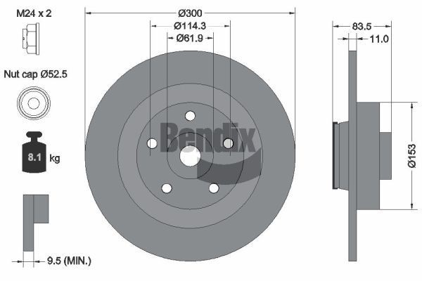 BENDIX Braking BDS1285: Piduriketas Ø: 300mm, täis, Ø: 300mm, teljemutriga, kaetud, koos integreeritud magnetilise anduriga, koos rattalaagriga, ilma rattakinnituspoltideta, koos rattakeskmega