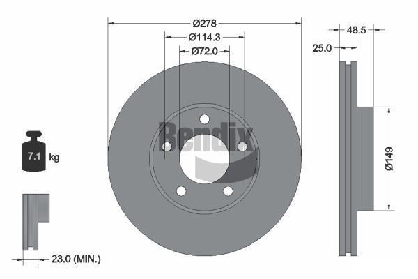 BENDIX Braking BDS1287: Piduriketas Ø: 278mm, sisemine õhutus, Ø: 278mm, kaetud, ilma rattakeskmeta, ilma rattalaagrita, ilma rattakinnituspoltideta
