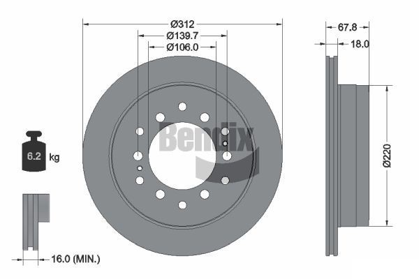 BENDIX Braking BDS1289: Piduriketas Ø: 312mm, sisemine õhutus, Ø: 312mm, kaetud, ilma rattakeskmeta, ilma rattalaagrita, ilma rattakinnituspoltideta