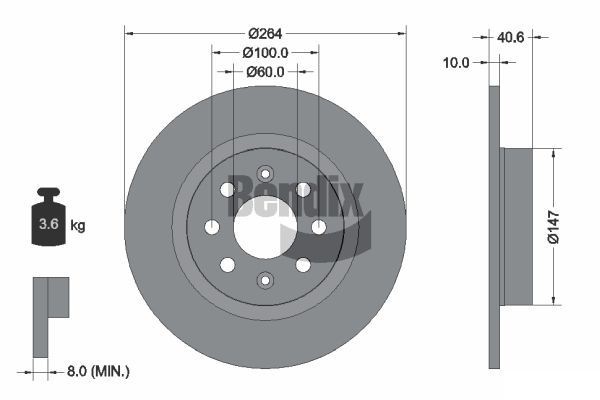 BENDIX Braking BDS1314: Disc de frână Ř: 264mm, plin, Ř: 264mm, acoperit (cu un strat protector), fara butuc roata, fara rulment roata, fara suruburi de fixare roata