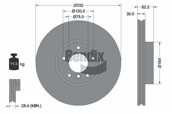 BENDIX Braking BDS1320HC: Disque de frein Ø: 332mm, ventilé de l'intérieur, Ø: 332mm, revêtu, sans moyeu de roue, sans roulement de roue, sans boulon de fix° de roue
