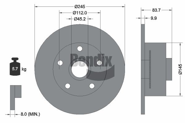 BENDIX Braking BDS1323: Piduriketas Ø: 245mm, täis, Ø: 245mm, kaetud, koos rattakeskmega, ilma rattalaagrita, ilma rattakinnituspoltideta, koos ABS-andurirõngaga