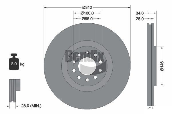 BENDIX Braking BDS1325: Piduriketas Ø: 312mm, sisemine õhutus, Ø: 312mm, kaetud, ilma rattakeskmeta, ilma rattalaagrita, ilma rattakinnituspoltideta