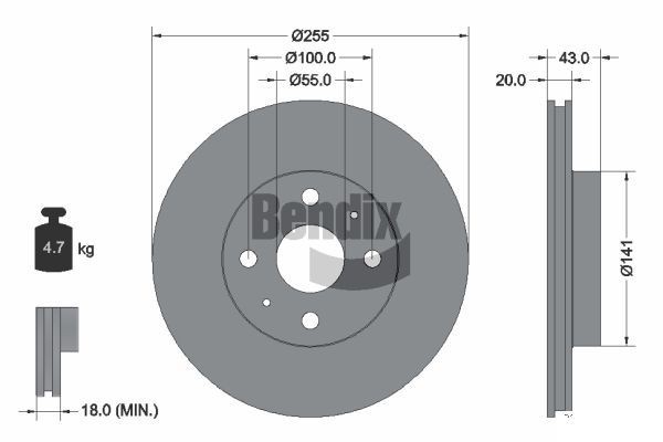BENDIX Braking BDS1326: Piduriketas Ø: 255mm, sisemine õhutus, Ø: 255mm, kaetud, ilma rattakeskmeta, ilma rattalaagrita, ilma rattakinnituspoltideta