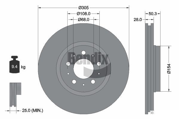 BENDIX Braking BDS1332: Disco de freno Ø: 305mm, ventilación externa, Ø: 305mm, revestido, sin buje de rueda, sin cojinete rueda, sin perno de sujeción de rueda