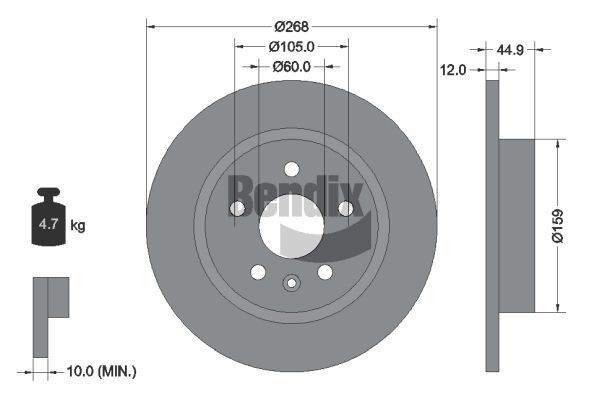 BENDIX Braking BDS1334: Piduriketas Ø: 268mm, täis, Ø: 268mm, kaetud, ilma rattakeskmeta, ilma rattalaagrita, ilma rattakinnituspoltideta