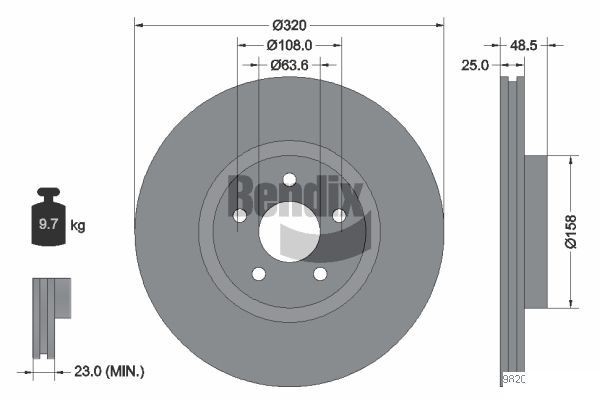 BENDIX Braking BDS1363: Piduriketas Ø: 320mm, sisemine õhutus, Ø: 320mm, kaetud, ilma rattakeskmeta, ilma rattalaagrita, ilma rattakinnituspoltideta