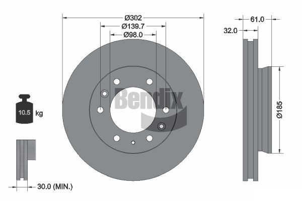 BENDIX Braking BDS1402: Piduriketas Ø: 302mm, sisemine õhutus, Ø: 302mm, kaetud, ilma rattakeskmeta, ilma rattalaagrita, ilma rattakinnituspoltideta