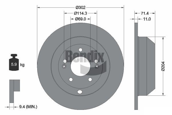 BENDIX Braking BDS1472: Disco freno Ø: 302mm, pieno, Ø: 302mm, rivestito, senza mozzo portaruota, senza cuscinetto ruota, senza bullone fissaggio ruota