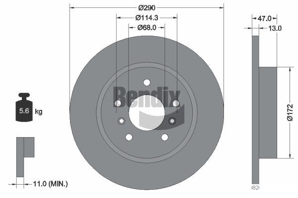 BENDIX Braking BDS1487: Piduriketas Ø: 290mm, täis, Ø: 290mm, kaetud, ilma rattakeskmeta, ilma rattalaagrita, ilma rattakinnituspoltideta