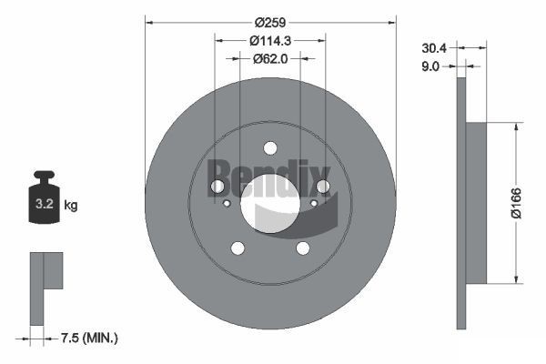 BENDIX Braking BDS1494: Disco freno Ø: 259mm, pieno, Ø: 259mm, rivestito, senza mozzo portaruota, senza cuscinetto ruota, senza bullone fissaggio ruota