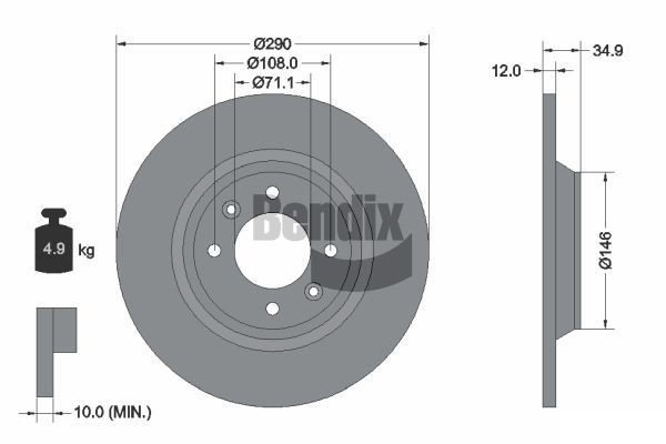 BENDIX Braking BDS1495: Piduriketas Ø: 290mm, täis, Ø: 290mm, kaetud, ilma rattakeskmeta, ilma rattalaagrita, ilma rattakinnituspoltideta