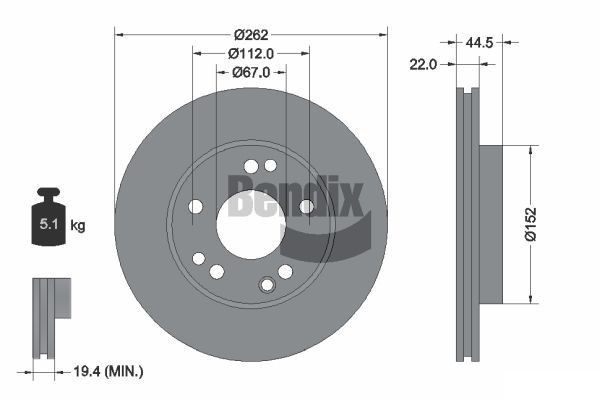 BENDIX Braking BDS1511: Disc de frână Ř: 262mm, ventilat interior, Ř: 262mm, fara butuc roata, fara rulment roata, fara suruburi de fixare roata