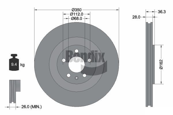 BENDIX Braking BDS1516HC: Piduriketas Ø: 350mm, sisemine õhutus, Ø: 350mm, kaetud, ilma rattakeskmeta, ilma rattalaagrita, ilma rattakinnituspoltideta