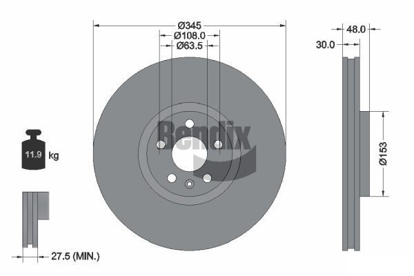BENDIX Braking BDS1553HC: Piduriketas Ø: 345mm, sisemine õhutus, Ø: 345mm, kaetud, ilma rattakeskmeta, ilma rattalaagrita, ilma rattakinnituspoltideta