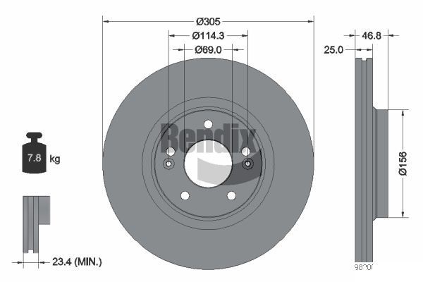 BENDIX Braking BDS1558HC: Piduriketas Ø: 305mm, sisemine õhutus, Ø: 305mm, kaetud, ilma rattakeskmeta, ilma rattalaagrita, ilma rattakinnituspoltideta