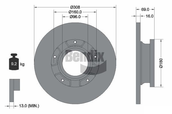 BENDIX Braking BDS1561: Piduriketas Ø: 308mm, täis, Ø: 308mm, kaetud, ilma rattakeskmeta, ilma rattalaagrita, ilma rattakinnituspoltideta, koos ABS-andurirõngaga