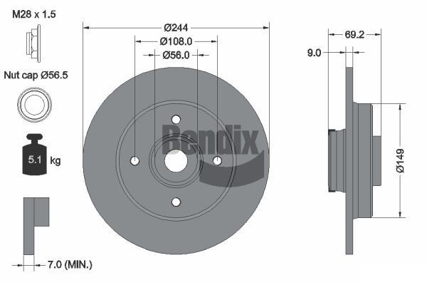 BENDIX Braking BDS1598: Piduriketas Ø: 244mm, täis, Ø: 244mm, teljemutriga, kaetud, koos integreeritud magnetilise anduriga, koos rattalaagriga, ilma rattakinnituspoltideta, koos rattakeskmega