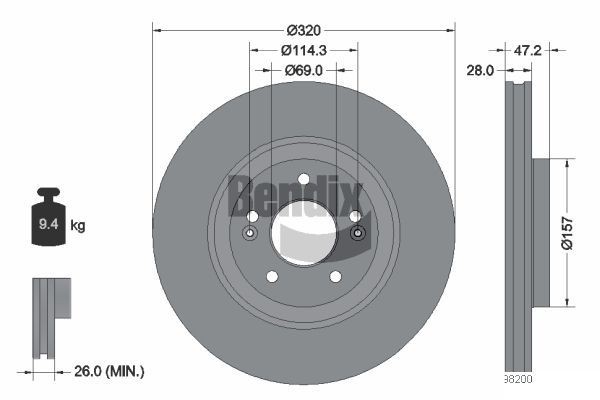 BENDIX Braking BDS1599: Disc de frână Ř: 320mm, ventilat interior, Ř: 320mm, acoperit (cu un strat protector), fara butuc roata, fara rulment roata, fara suruburi de fixare roata