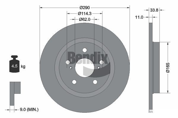 BENDIX Braking BDS1658: Disque de frein Ø: 290mm, plein, Ø: 290mm, sans moyeu de roue, sans roulement de roue, sans boulon de fix° de roue