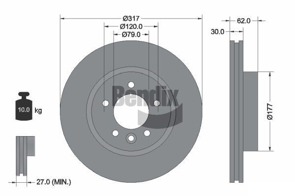 BENDIX Braking BDS1675HC: Bremseskive Ø: 317mm, indvendigt ventileret, Ø: 317mm, coatet, uden hjulnav, uden hjullejer, uden hjulbolte