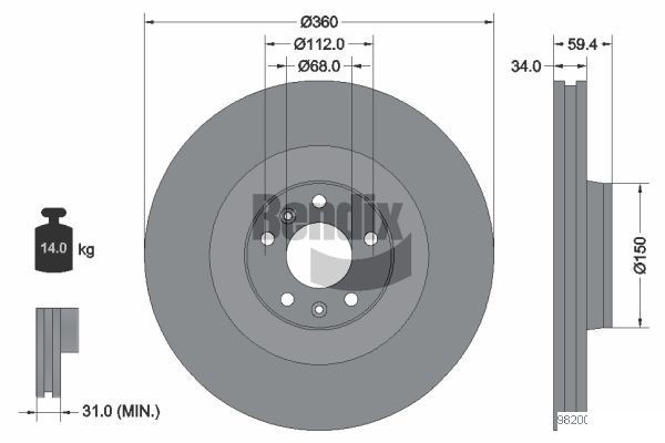 BENDIX Braking BDS1734: Piduriketas Ø: 360mm, sisemine õhutus, Ø: 360mm, kaetud, ilma rattakeskmeta, ilma rattalaagrita, ilma rattakinnituspoltideta