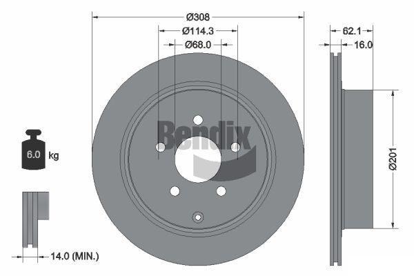 BENDIX Braking BDS1764: Piduriketas Ø: 308mm, sisemine õhutus, Ø: 308mm, kaetud, ilma rattakeskmeta, ilma rattalaagrita, ilma rattakinnituspoltideta