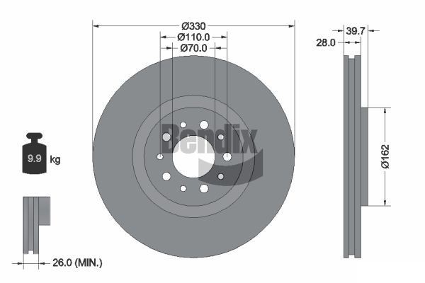 BENDIX Braking BDS1857: Bremseskive Ø: 330mm, indvendigt ventileret, Ø: 330mm, coatet, uden hjulnav, uden hjullejer, uden hjulbolte