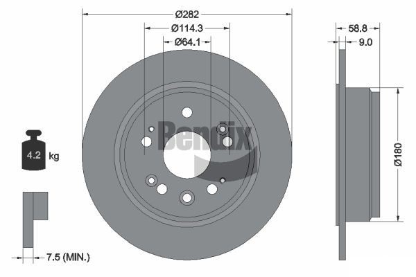 BENDIX Braking BDS1859: Disc de frână Ř: 282mm, plin, Ř: 282mm, acoperit (cu un strat protector), fara butuc roata, fara rulment roata, fara suruburi de fixare roata