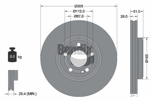 BENDIX Braking BDS1986HC: Disc de frână Ř: 305mm, ventilat interior, Ř: 305mm, acoperit (cu un strat protector), fara butuc roata, fara rulment roata, fara suruburi de fixare roata