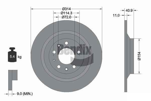 BENDIX Braking BDS2233: Disc de frână Ř: 314mm, plin, Ř: 314mm, fara butuc roata, fara rulment roata, fara suruburi de fixare roata