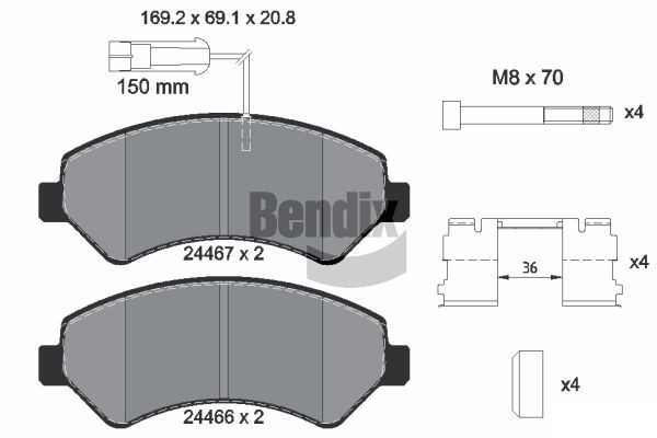 BENDIX Braking BPD1567: Bromsbelägg med tillbehör, med bromsoksskruvar