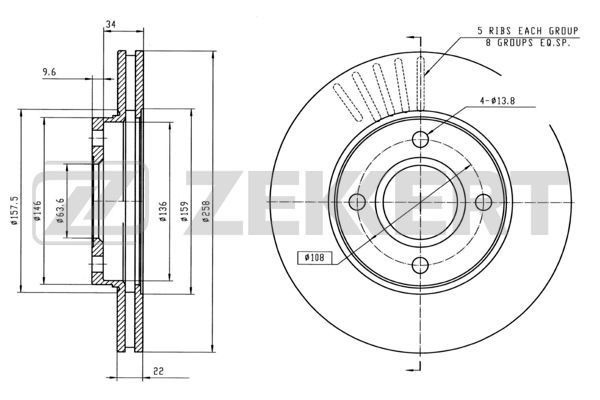 ZEKKERT BS-5222B: Piduriketas Ø: 258mm, õhutusega, Ø: 258mm, värvitud