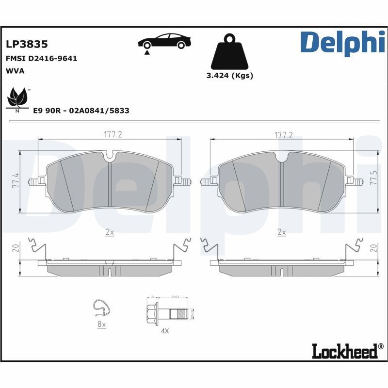DELPHI LP3835: Piduriklotsid koos lisadega, koos kokkusurumisvastase plekiga
