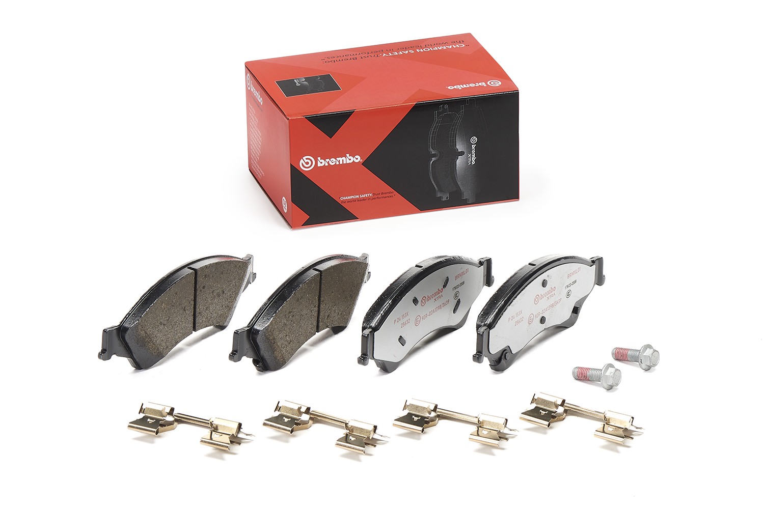 BREMBO P 24 153X: Plăcuțe de frână XTRA LINE cu acceasorii, cu suruburi etrier, cu tabla anti scartait