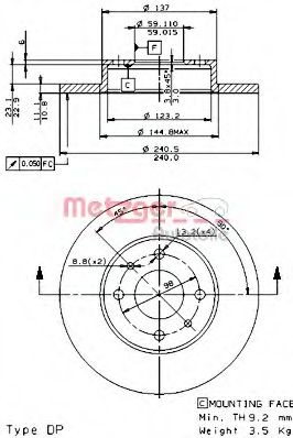 METZGER 14138 E: Piduriketas Ø: 240mm, täis, koos turvakruvide kopmlektiga, CST216