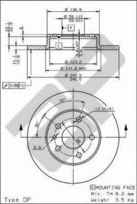 METZGER 14624 V: Piduriketas Ø: 240mm, täis, koos turvakruvide kopmlektiga, CST216