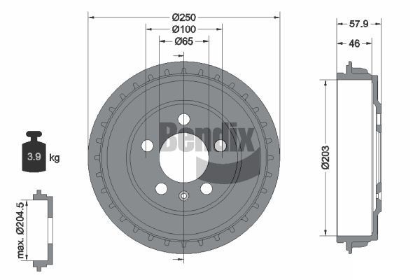 BENDIX Braking BDM1180: Tambour de frein 250mm, sans moyeu de roue, sans roulement de roue, sans boulon de fix° de roue