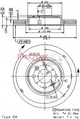 METZGER 22126 V: Piduriketas Ø: 280mm, sisemine õhutus, koos turvakruvide kopmlektiga, CST218