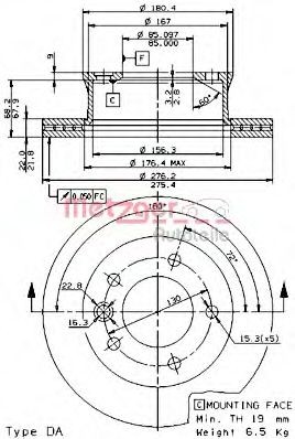 METZGER 24804 E: Piduriketas Ø: 276mm, sisemise õhutusega ventilatsioon tilgakujuliste labadega, CST218