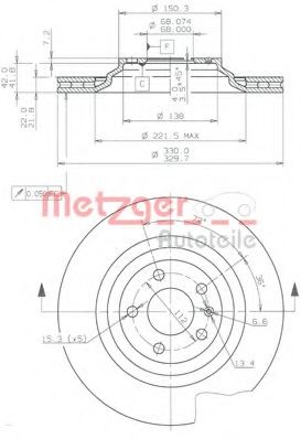 METZGER 24892: Piduriketas Ø: 330mm, sisemise õhutusega ventilatsioon tilgakujuliste labadega, koos turvakruvide kopmlektiga, CST218