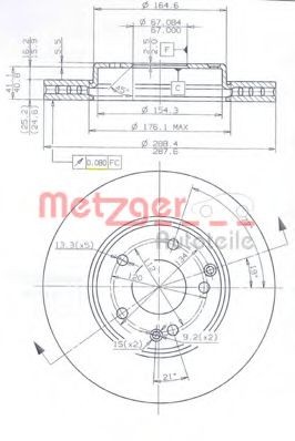 METZGER 24903 V: Piduriketas Ø: 288mm, sisemise õhutusega ventilatsioon tilgakujuliste labadega, koos turvakruvide kopmlektiga, CST218