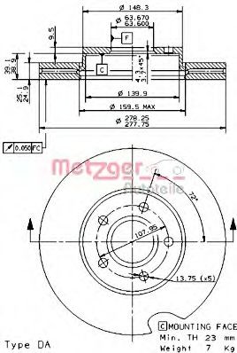 METZGER 24919 V: Piduriketas Ø: 278mm, sisemine õhutus, CST218