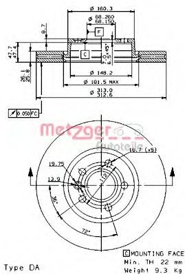 METZGER 24969: Piduriketas Ø: 313mm, sisemine õhutus, CST218
