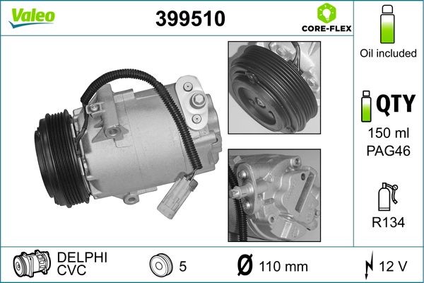 VALEO 399510: AC-kompressor VALEO CORE-FLEX med PAG-kompressorolja
