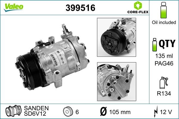 VALEO 399516: Kliimakompressor VALEO CORE-FLEX PAG-kompressoriõliga