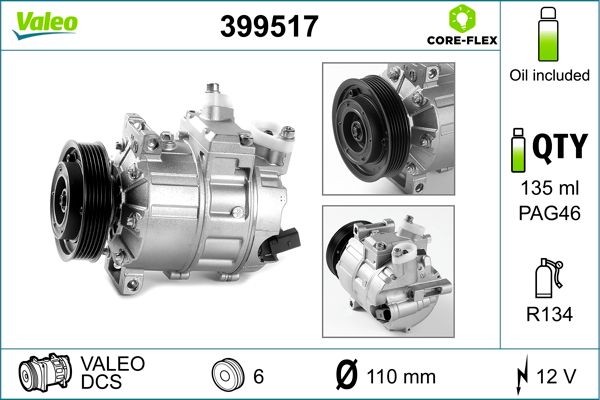 VALEO 399517: AC-kompressor VALEO CORE-FLEX med PAG-kompressorlje