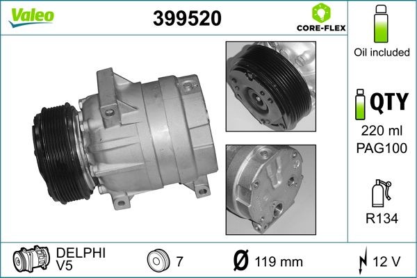 VALEO 399520: AC-kompressor VALEO CORE-FLEX med PAG-kompressorolja