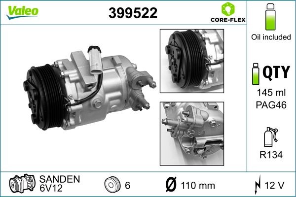VALEO 399522: Kondicionieriaus kompresorius VALEO CORE-FLEX su PAG kompresorine alyva